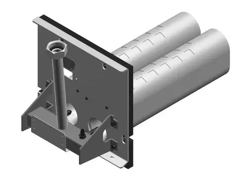 BOSCH Brennrost mit zwei zylindrischen Kammern, montiert auf einer rechteckigen Grundplatte mit mehreren Anschlussmöglichkeiten.